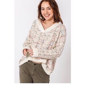 FAVLUX Knit Sweater Womens Large V-Neck Textured Cozy Pullover Confetti Metallic